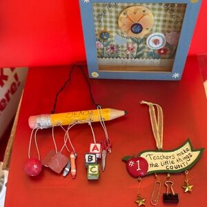 Teacher Pencil Ornament with School Charms - Yellow & Red